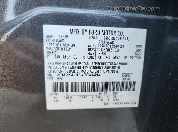 2FMPK4J93KBC44414 2019 FORD EDGE Gray 