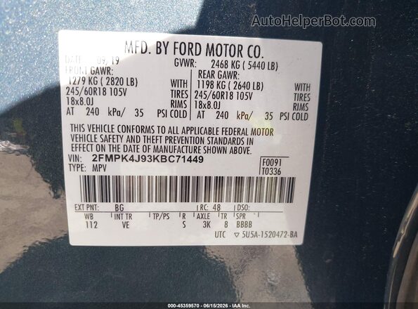 2FMPK4J93KBC71449 2019 FORD EDGE Green Engine compartment view