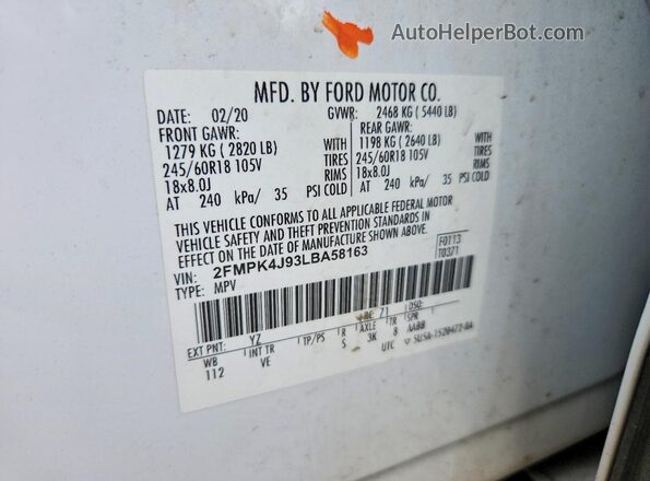 2FMPK4J93LBA58163 2020 FORD EDGE White 