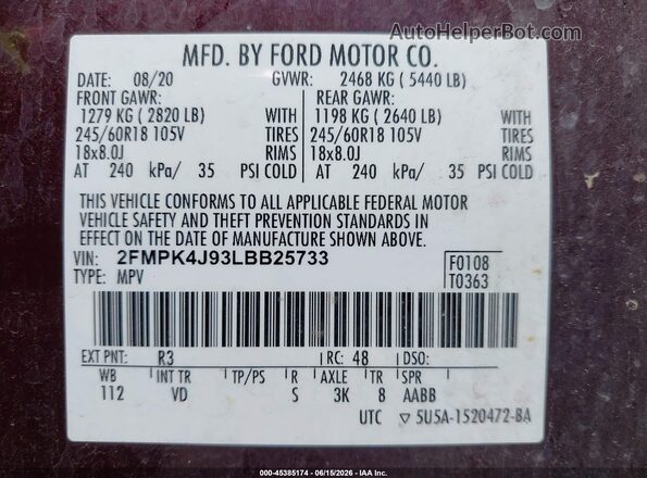 2FMPK4J93LBB25733 2020 FORD EDGE Maroon Vista del compartimento del motor