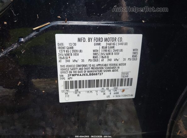 2FMPK4J93LBB68727 2020 FORD EDGE Black Engine compartment view