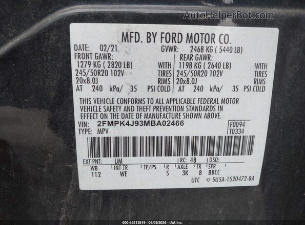 2FMPK4J93MBA02466 2021 FORD EDGE Black Вид підкапотного простору