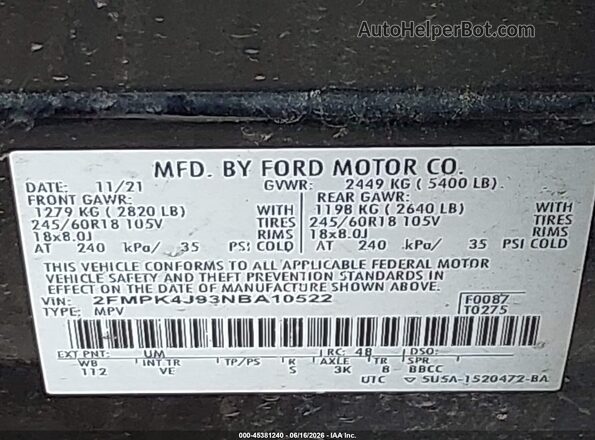 2FMPK4J93NBA10522 2022 FORD EDGE Black Շարժիչի բաժամունքի տեսք