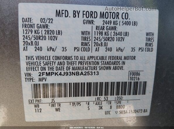 2FMPK4J93NBA25313 2022 FORD EDGE Silver Շարժիչի բաժամունքի տեսք