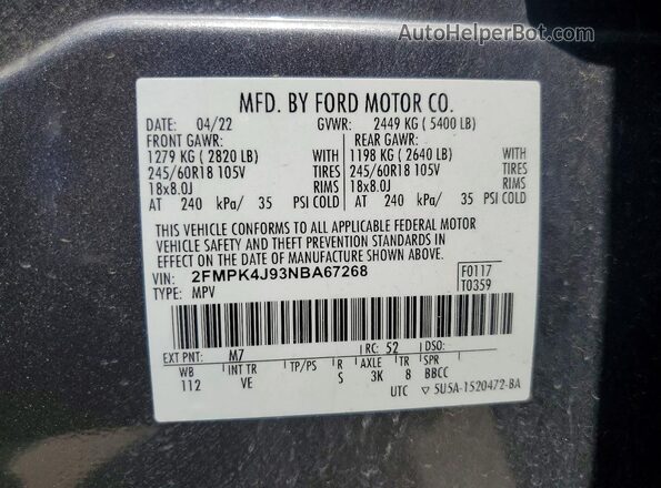 2FMPK4J93NBA67268 2022 FORD EDGE Gray VIN կոդի պիտակի տեսք