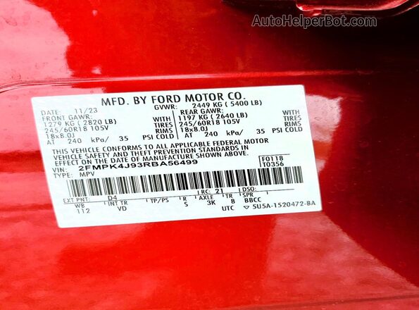 2FMPK4J93RBA56499 2024 FORD EDGE Red VIN კოდის სტიკერის ხედი