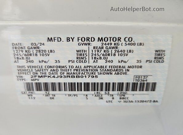 2FMPK4J93RBB01795 2024 FORD EDGE White VIN sticker view
