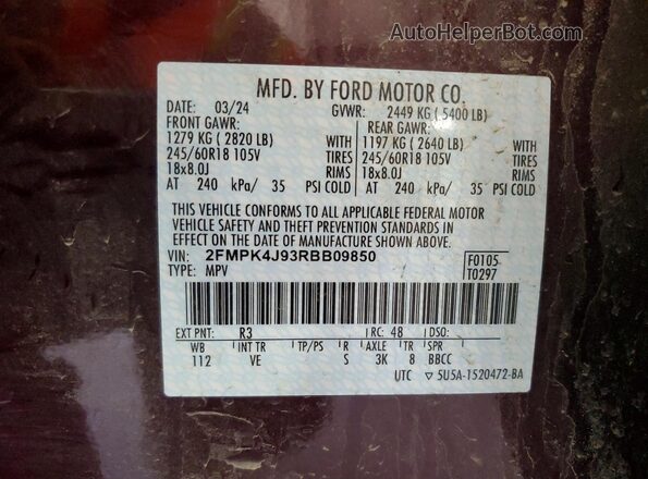 2FMPK4J93RBB09850 2024 FORD EDGE Maroon Widok naklejki z numerem VIN