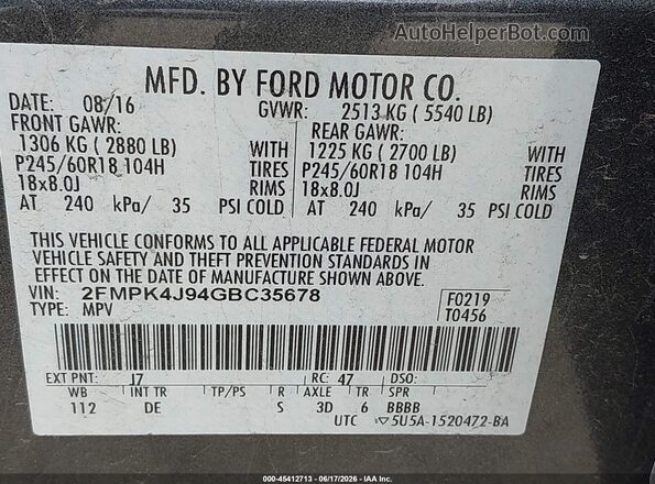 2FMPK4J94GBC35678 2016 FORD EDGE Gray Vista del compartimento del motor