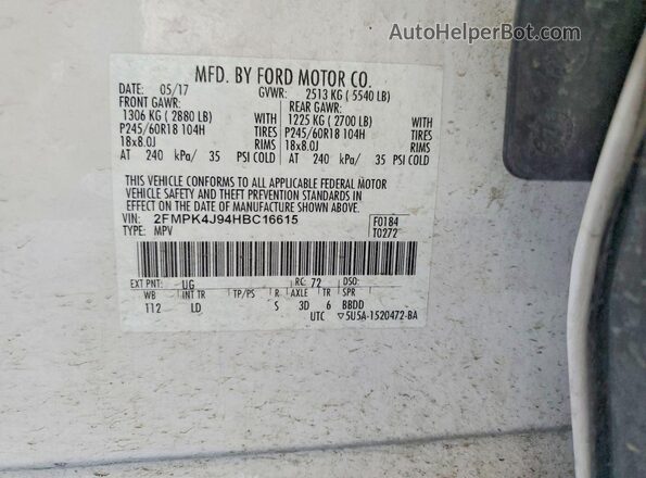 2FMPK4J94HBC16615 2017 FORD EDGE White Вид наклейки з VIN-кодом