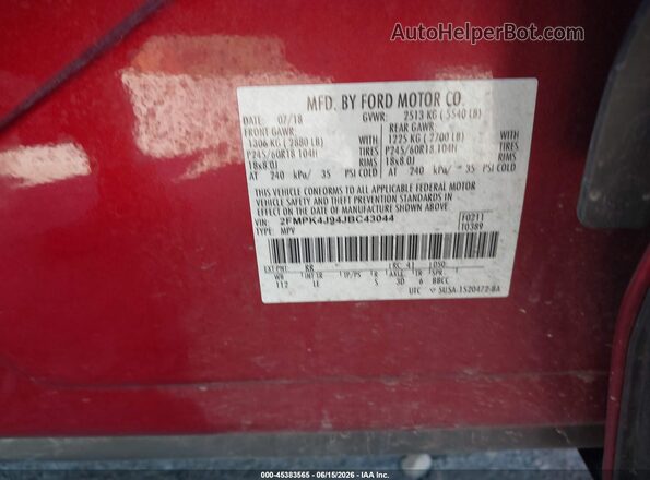 2FMPK4J94JBC43044 2018 FORD EDGE Red Widok komory silnika