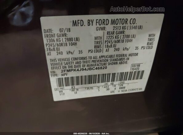 2FMPK4J94JBC46820 2018 FORD EDGE Burgundy Widok komory silnika