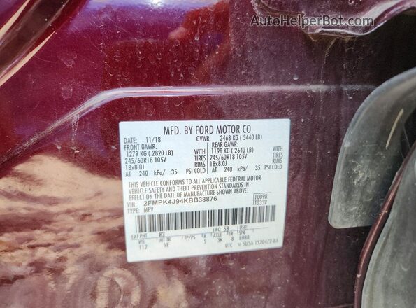 2FMPK4J94KBB38876 2019 FORD EDGE Maroon 