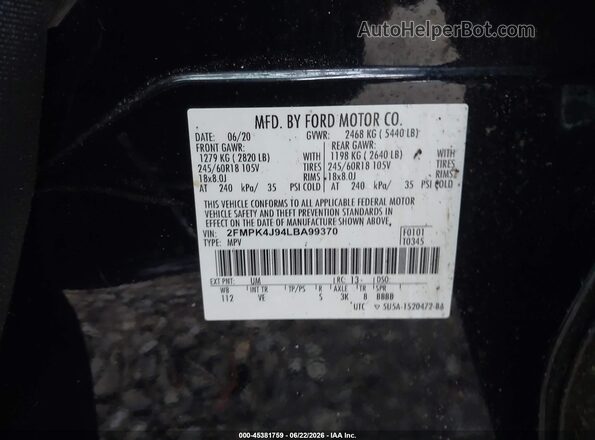 2FMPK4J94LBA99370 2020 FORD EDGE Black Շարժիչի բաժամունքի տեսք