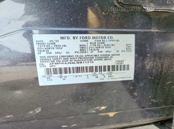 2FMPK4J94LBB11310 2020 FORD EDGE Серый 