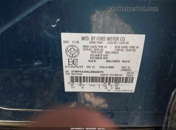 2FMPK4J94LBB46879 2020 FORD EDGE Синий Вид подкапотного пространства