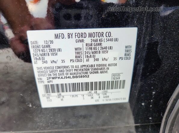 2FMPK4J94LBB58952 2020 FORD EDGE Black Vista de la etiqueta del VIN