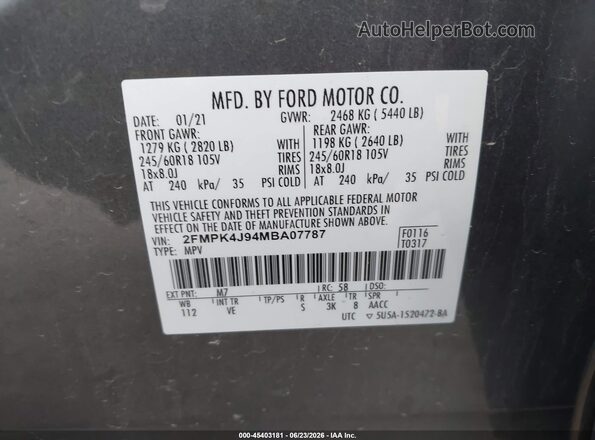 2FMPK4J94MBA07787 2021 FORD EDGE Gray ძრავის განყოფილების ხედი