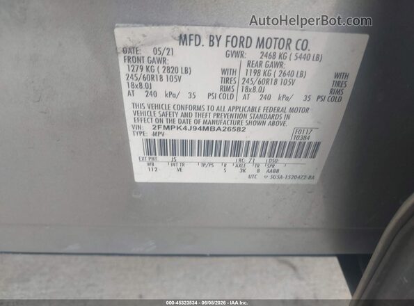 2FMPK4J94MBA26582 2021 FORD EDGE Silver ძრავის განყოფილების ხედი