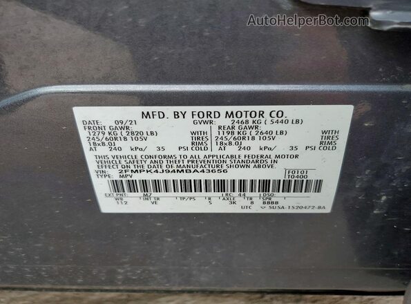 2FMPK4J94MBA43656 2021 FORD EDGE Серый Панорамный вид салона 360°