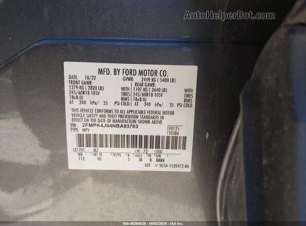 2FMPK4J94NBA93703 2022 FORD EDGE Gray Engine compartment view