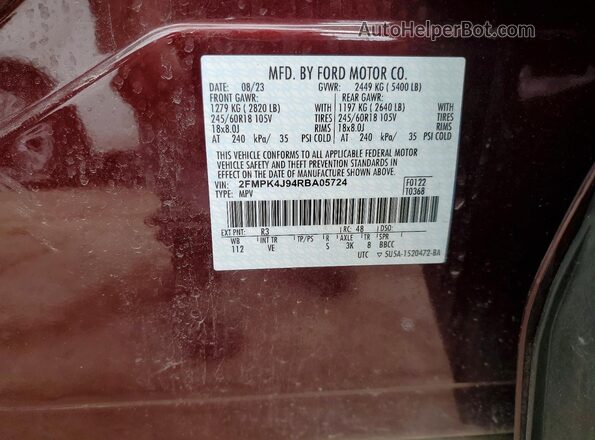 2FMPK4J94RBA05724 2024 FORD EDGE Maroon Vista de la etiqueta del VIN