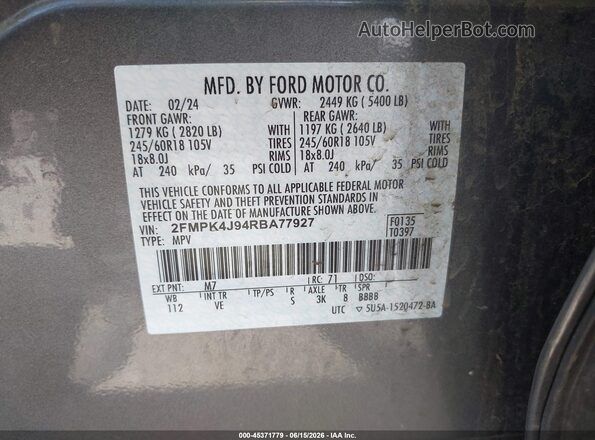 2FMPK4J94RBA77927 2024 FORD EDGE Gray Widok komory silnika