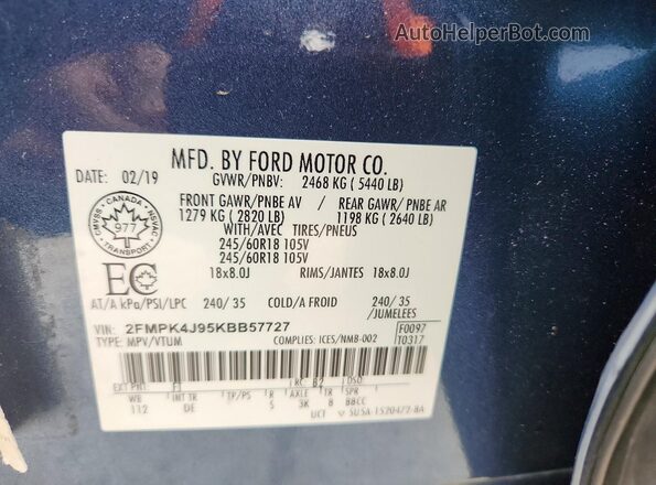 2FMPK4J95KBB57727 2019 FORD EDGE Blue VIN sticker view