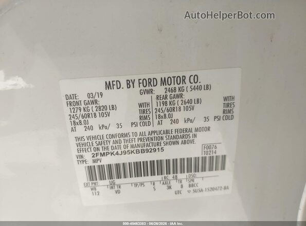 2FMPK4J95KBB92915 2019 FORD EDGE White ძრავის განყოფილების ხედი