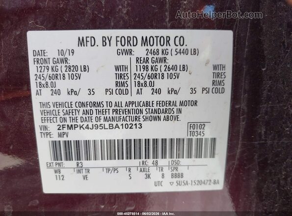 2FMPK4J95LBA10213 2020 FORD EDGE Maroon ძრავის განყოფილების ხედი