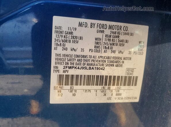 2FMPK4J95LBA19042 2020 FORD EDGE Blue 