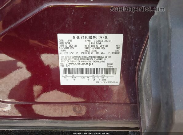 2FMPK4J95LBA46404 2020 FORD EDGE Burgundy Vista del compartimento del motor
