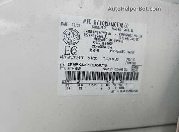 2FMPK4J95LBA58715 2020 FORD EDGE White VIN sticker view