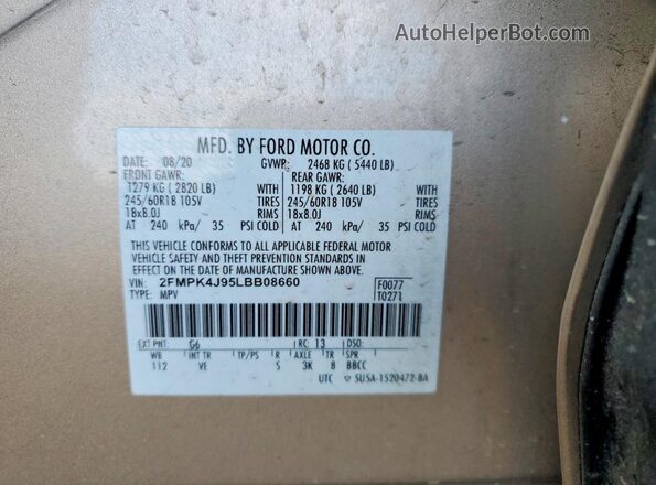 2FMPK4J95LBB08660 2020 FORD EDGE Beige Вид наклейки з VIN-кодом