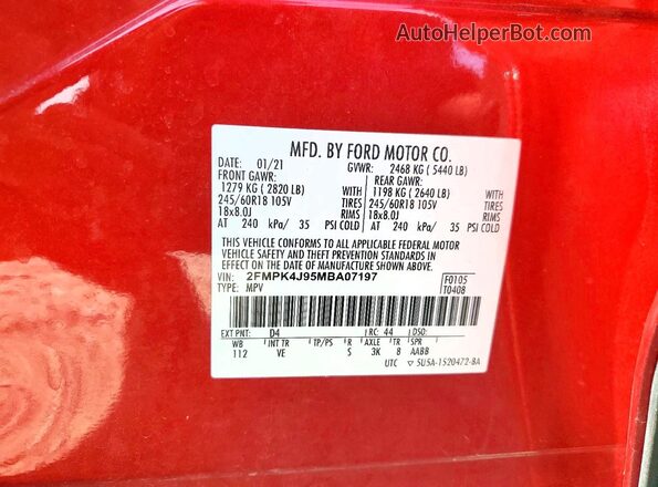 2FMPK4J95MBA07197 2021 FORD EDGE Red Вид наклейки з VIN-кодом