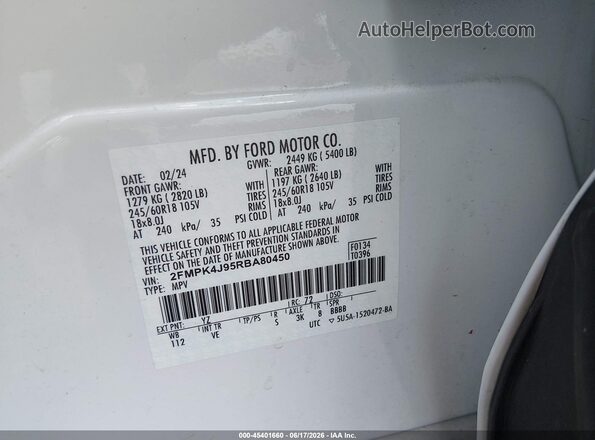 2FMPK4J95RBA80450 2024 FORD EDGE White ძრავის განყოფილების ხედი
