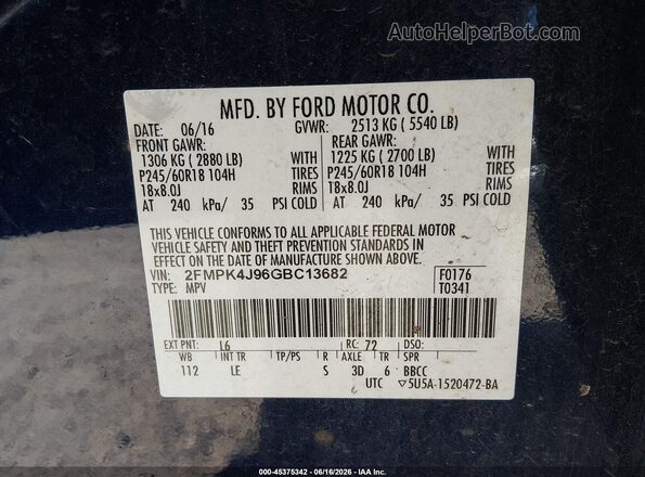 2FMPK4J96GBC13682 2016 FORD EDGE Blue 