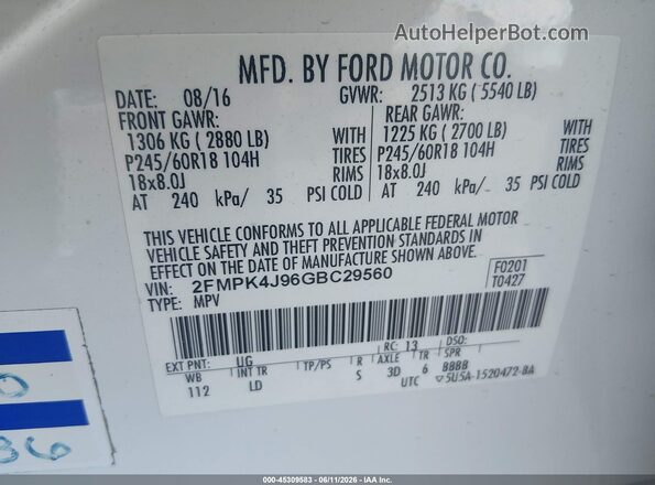 2FMPK4J96GBC29560 2016 FORD EDGE White Vista del compartimento del motor