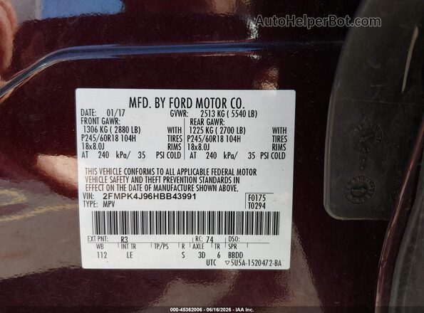 2FMPK4J96HBB43991 2017 FORD EDGE Maroon 