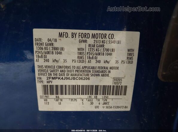 2FMPK4J96JBC06206 2018 FORD EDGE Blue ძრავის განყოფილების ხედი