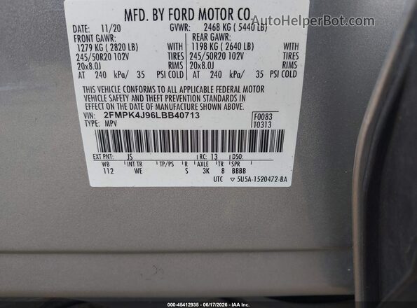 2FMPK4J96LBB40713 2020 FORD EDGE Серебряный Вид подкапотного пространства