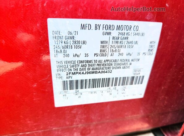 2FMPK4J96MBA06432 2021 FORD EDGE Red Вид підкапотного простору