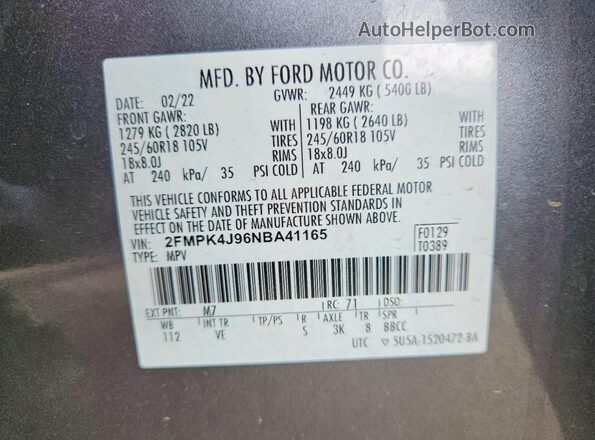 2FMPK4J96NBA41165 2022 FORD EDGE Gray Вид підкапотного простору