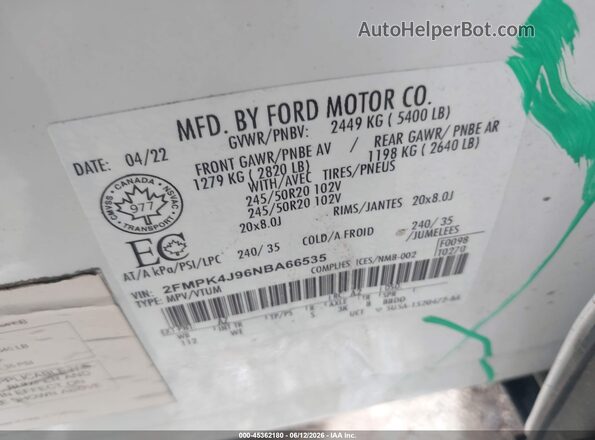 2FMPK4J96NBA66535 2022 FORD EDGE White Вид підкапотного простору