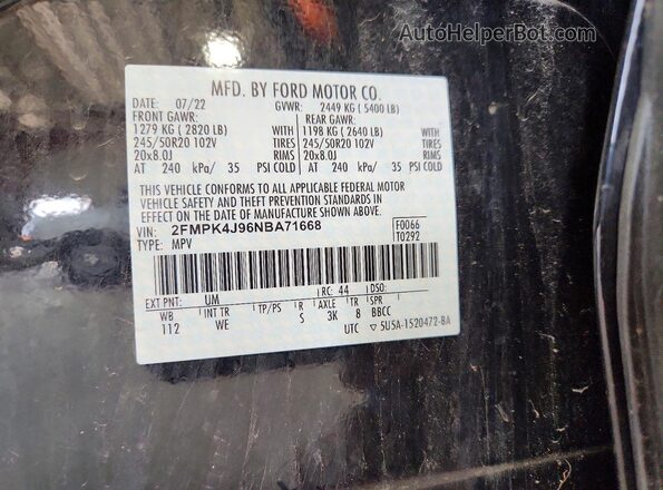 2FMPK4J96NBA71668 2022 FORD EDGE Black VIN კოდის სტიკერის ხედი