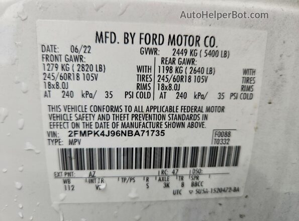 2FMPK4J96NBA71735 2022 FORD EDGE White VIN կոդի պիտակի տեսք