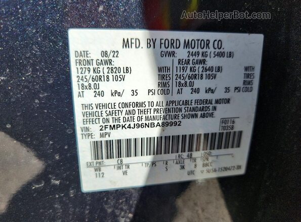 2FMPK4J96NBA89992 2022 FORD EDGE Blue 360 interior view