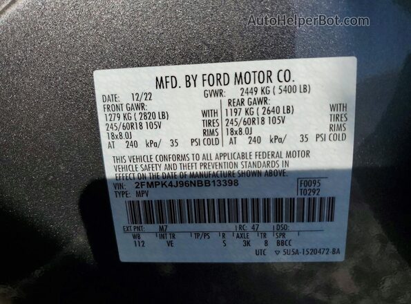 2FMPK4J96NBB13398 2022 FORD EDGE Gray VIN კოდის სტიკერის ხედი