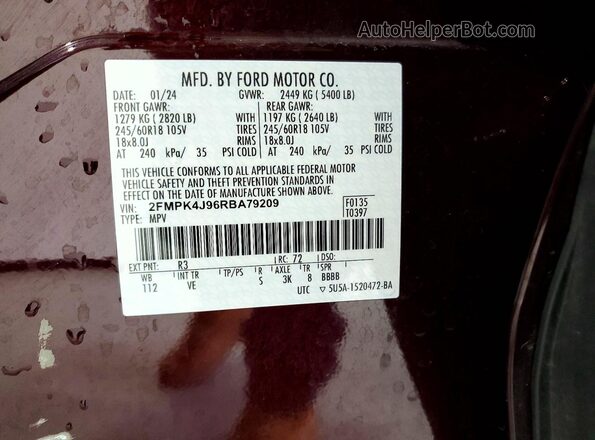 2FMPK4J96RBA79209 2024 FORD EDGE Burgundy Vista de la etiqueta del VIN