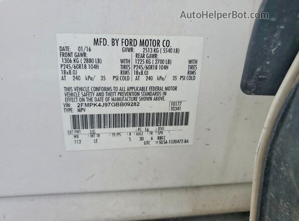 2FMPK4J97GBB09282 2016 FORD EDGE Белый Вид наклейки с VIN-кодом